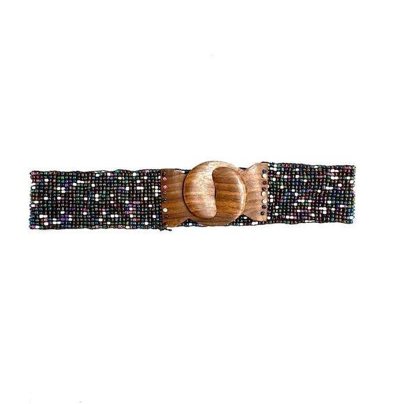 Vintage hand beaded belt with elastic waist band and wooden clasp - Picture 1 of 4